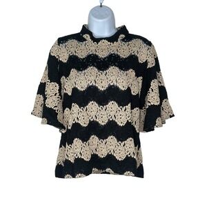 Brown Sugar Blouse Small Black Tan Lace Chevron Mock Neck Flutter Sleeve Top